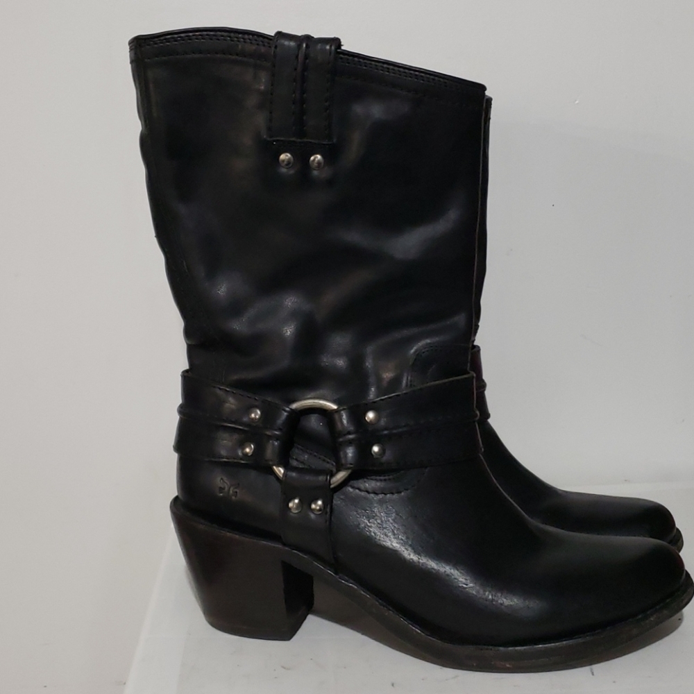 Frye Black Mid-Calf Harness Leather Boots Sz 8.5